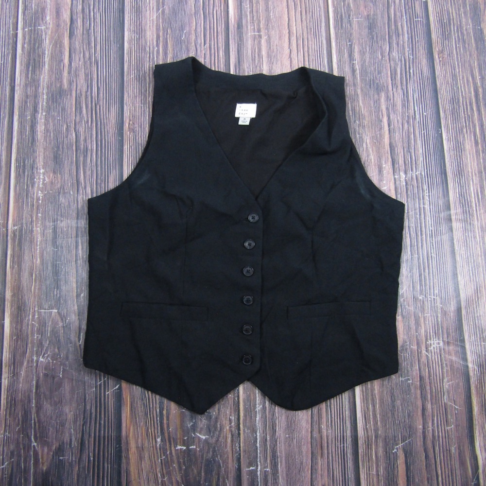 A New Day Vest Women M Black Button Up Tailored V-Neck Layering Waistcoat